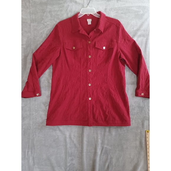 Chico's Jackets & Blazers - Chicos Sz 3 / 16 Jacket Red Floral Button Down 3/4 Sleeve Shacket Trucker Casual